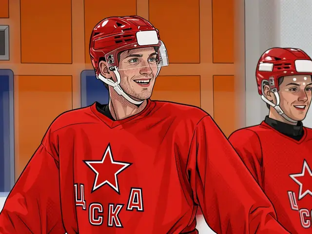 Два хоккеиста в красной форме на тренировке, улыбаются