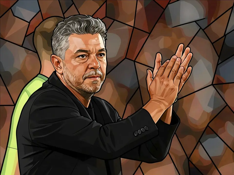 Marcelo Gallardo in a black suit applauding against a blurred stadium background