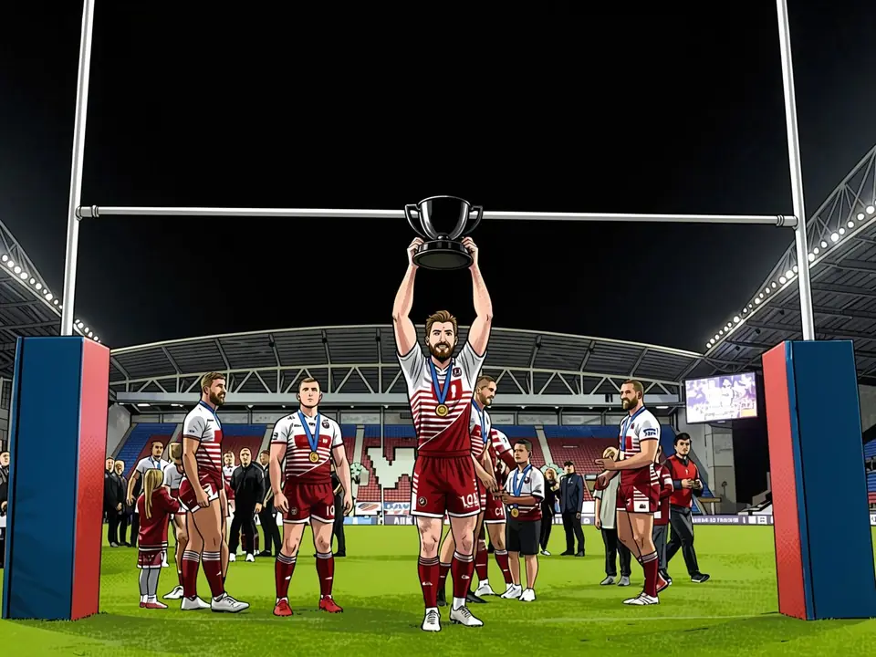 Wigan Warriors player lifts trophy above head in red and white kit at stadium, team celebrates victory after winning Shield