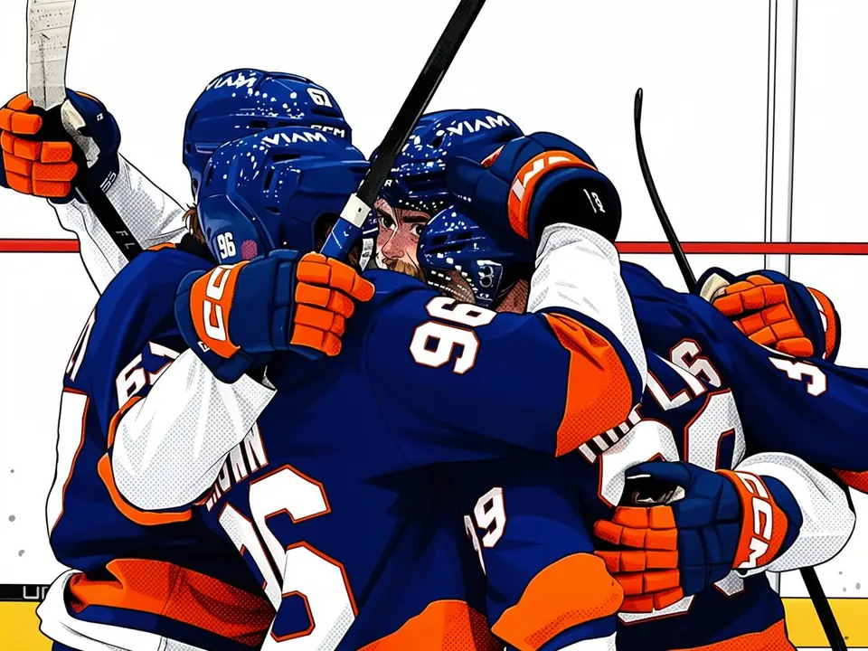Islanders-Spieler Prokhorov und Eizerman feiern den Sieg im Overtime gegen New Jersey