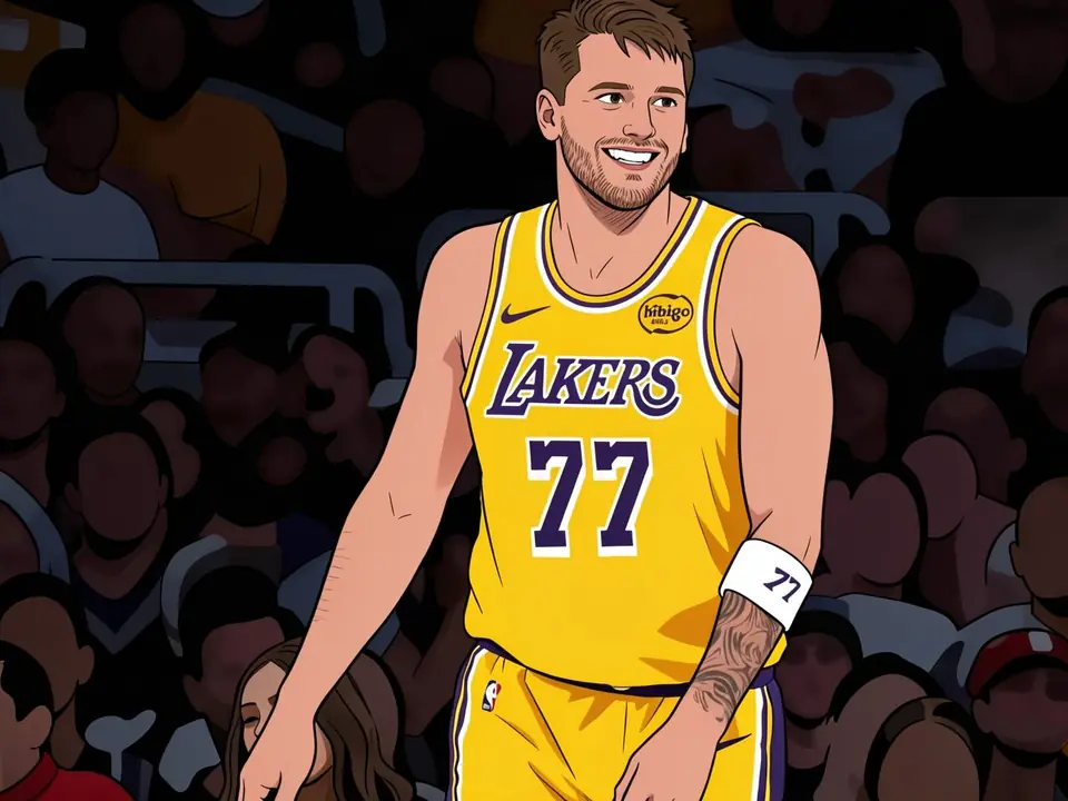 Luka Doncic im gelben Lakers-Trikot mit Nummer 77 vor Zuschauern.