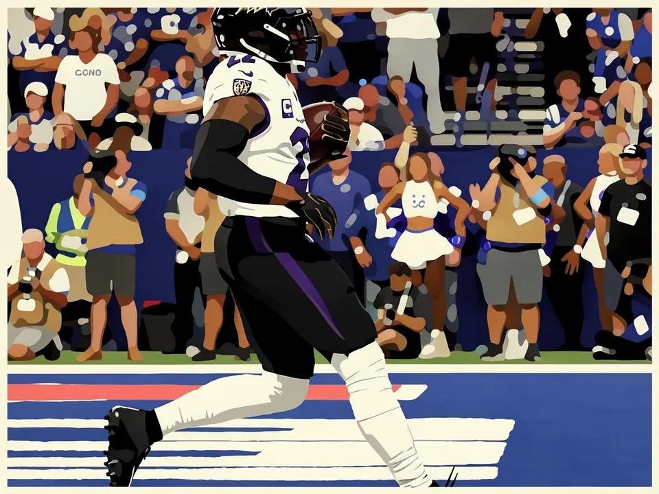 Baltimore-Läufer in weiß-lila Trikot läuft mit Ball, feiert Touchdown.