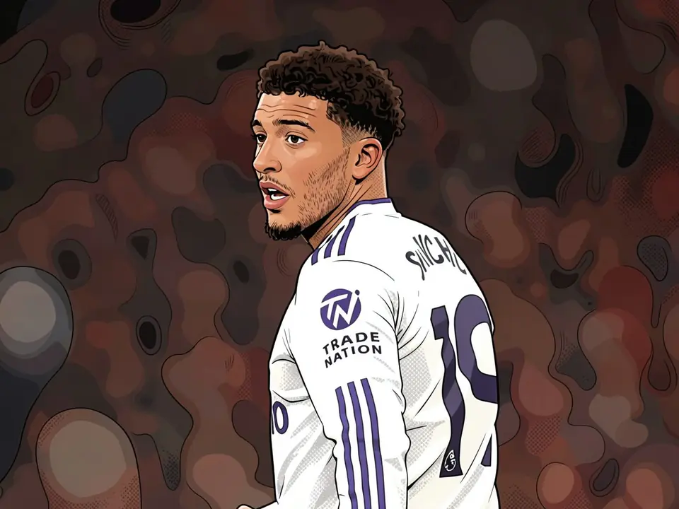 Jadon Sancho in a white kit with purple stripes and number 10 on the back