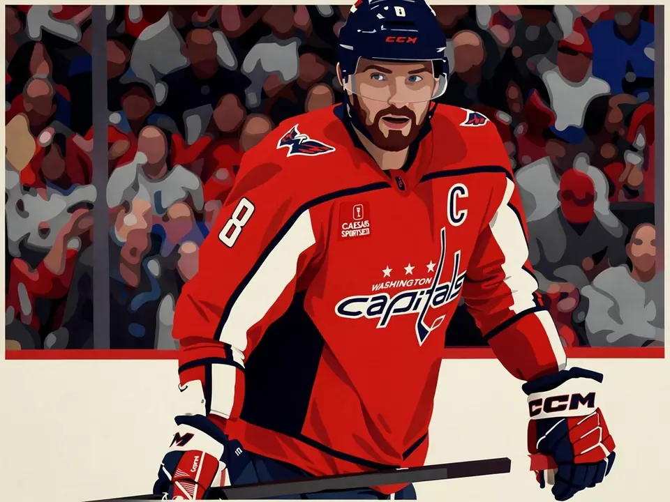 Alexander Ovechkin in red Washington Capitals jersey with captain's C on chest, standing on ice with hockey stick