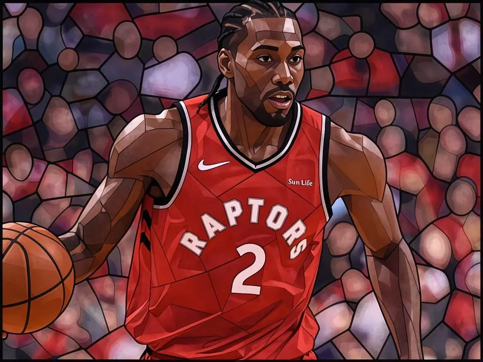 Kawhi Leonard in a red Toronto Raptors jersey holding a basketball with blurred crowd behind