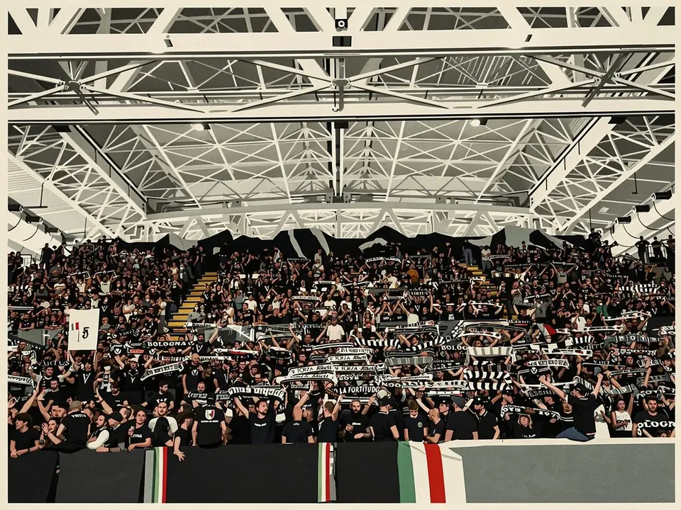 Virtus fans in stadium stands with black-and-white scarves and Italian flags
