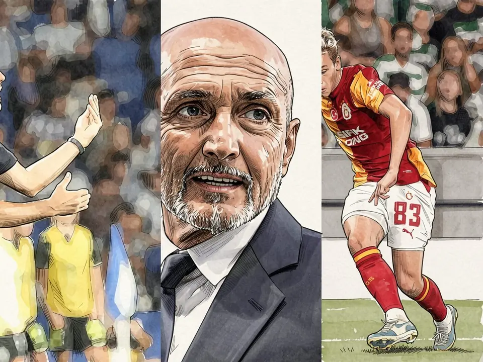 Ein Schiedsrichter in Gelb, ein Trainer im Anzug und ein Spieler in rot-gelber Trikots mit Nummer 83.