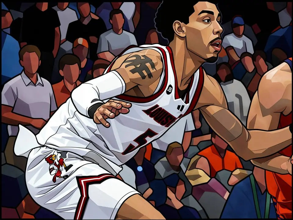 Basketball player in white jersey with red trim, number 5, dribbling under defender's pressure with crowd in background