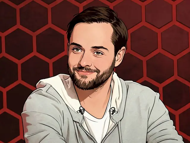 Никита Филатов в серой толстовке на фоне красной шестиугольной стены
