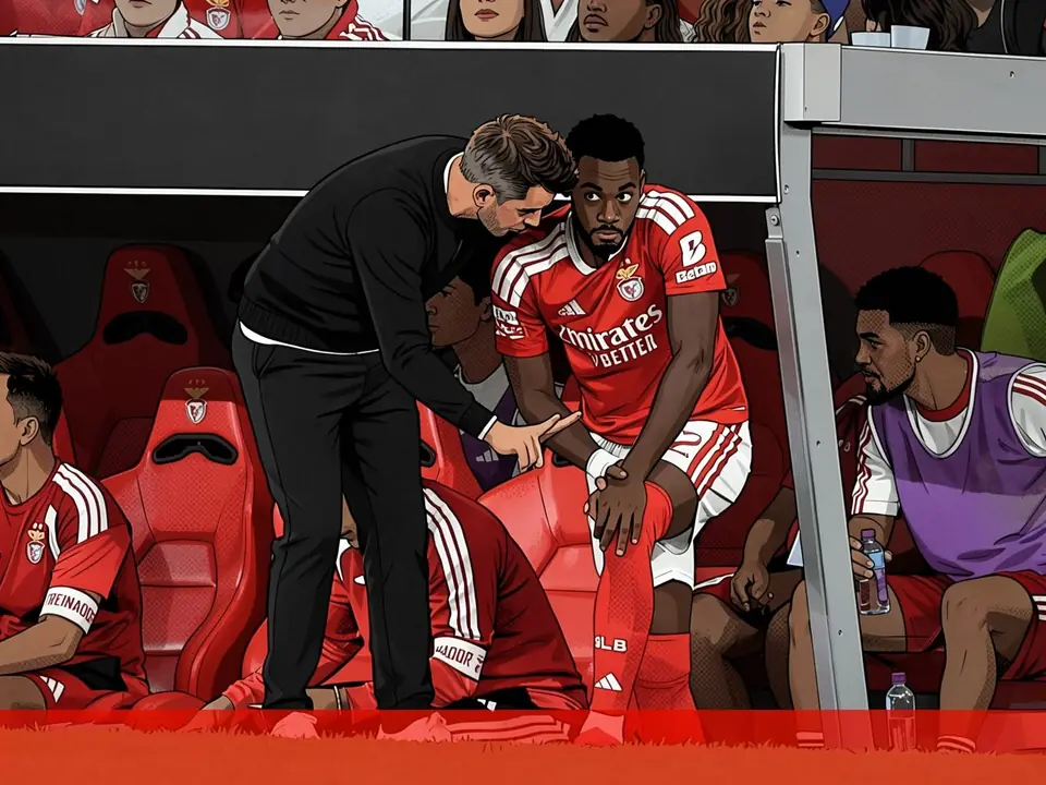 Benfica players on the bench in red kit with white stripes on shoulders