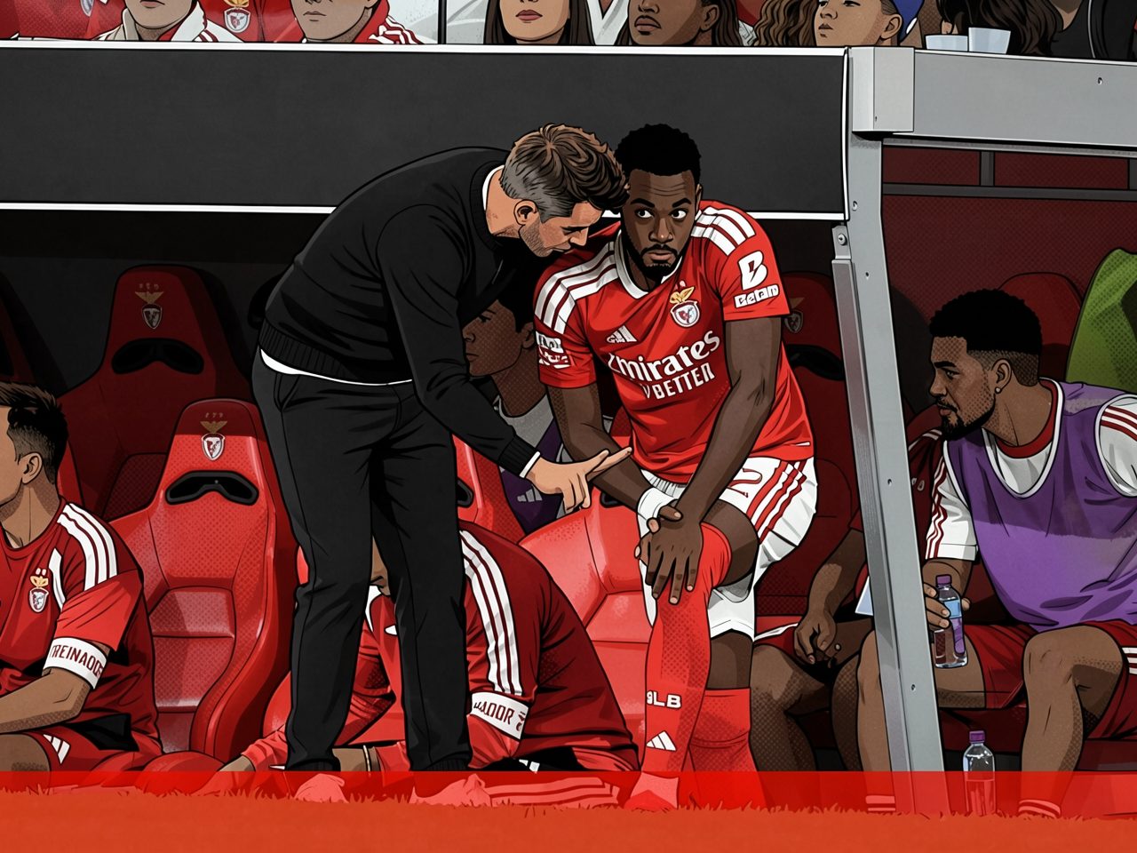 A coach talks to a player on the bench