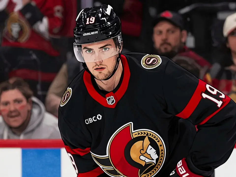 Ottawa forward Baterson in black and red jersey number 19 on the ice