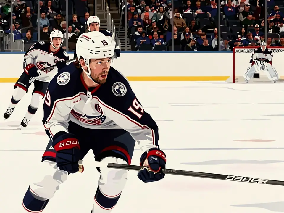 Columbus forward Fantilli in action, number 19, in blue jersey with red stripes