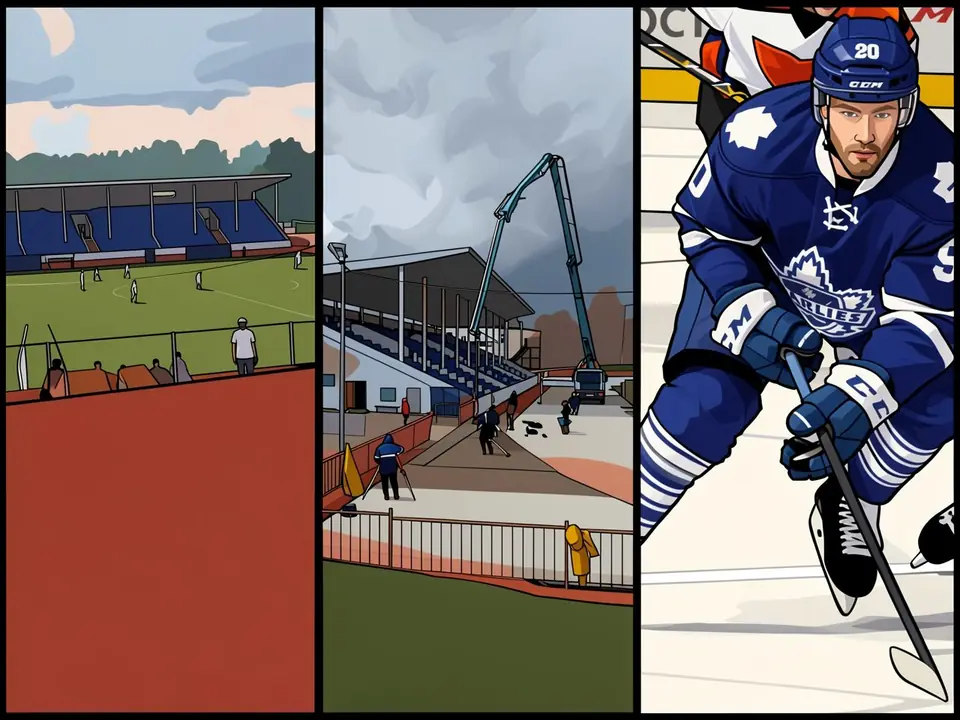 Three panels: football stadium, arena construction and hockey player in blue with maple leaf