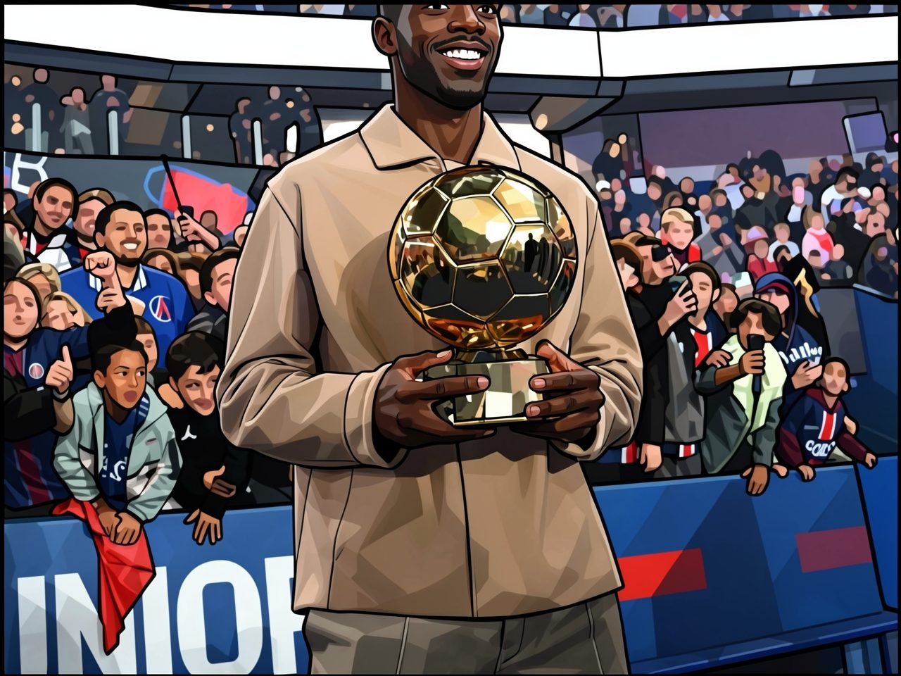 A smiling footballer in a beige jacket holds a golden trophy in front of stadium stands.