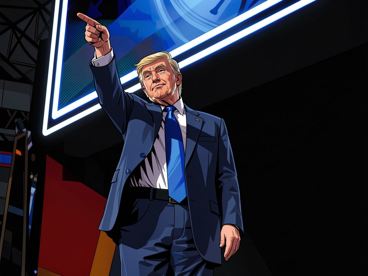 A man in a blue suit points his finger upward on a stage.
