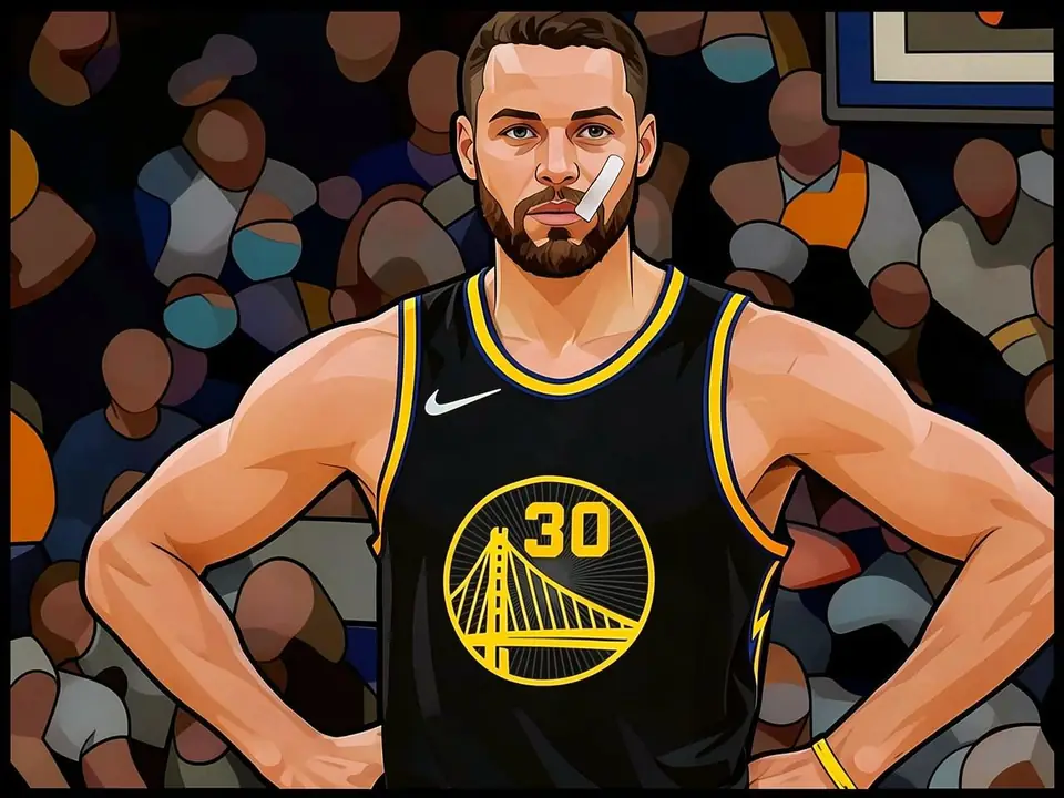 Butler in black Golden State jersey number 30 with a bandage on his face