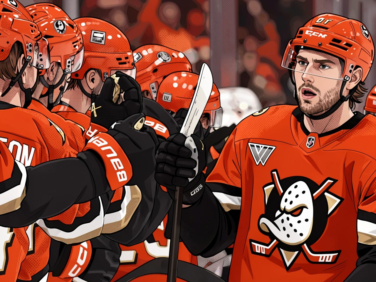 Anaheim hockey players in orange kits celebrating on the ice