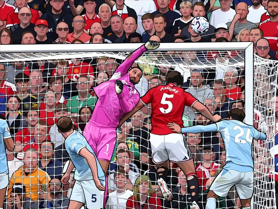 Donnarumma in pinkem City-Trikot springt und pariert einen Schuss von Maguire nahe dem Pfosten