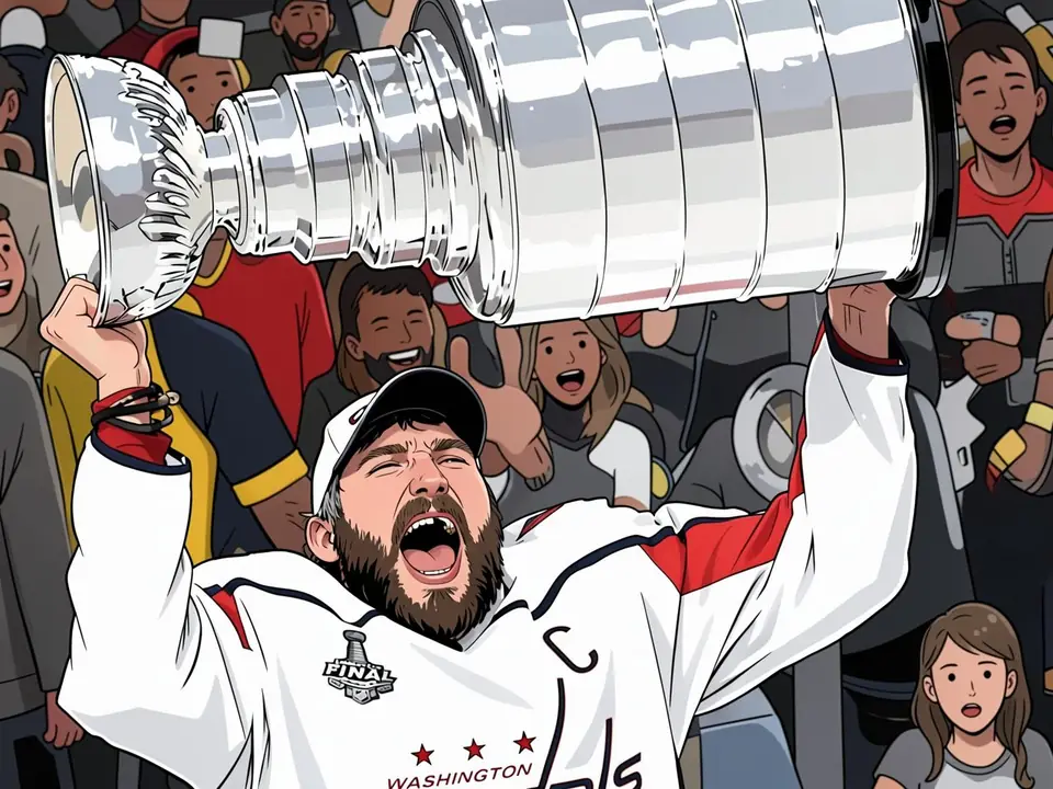 Ovechkin in Washington-Trikot hebt den Stanley Cup über den Kopf vor jubelnden Fans