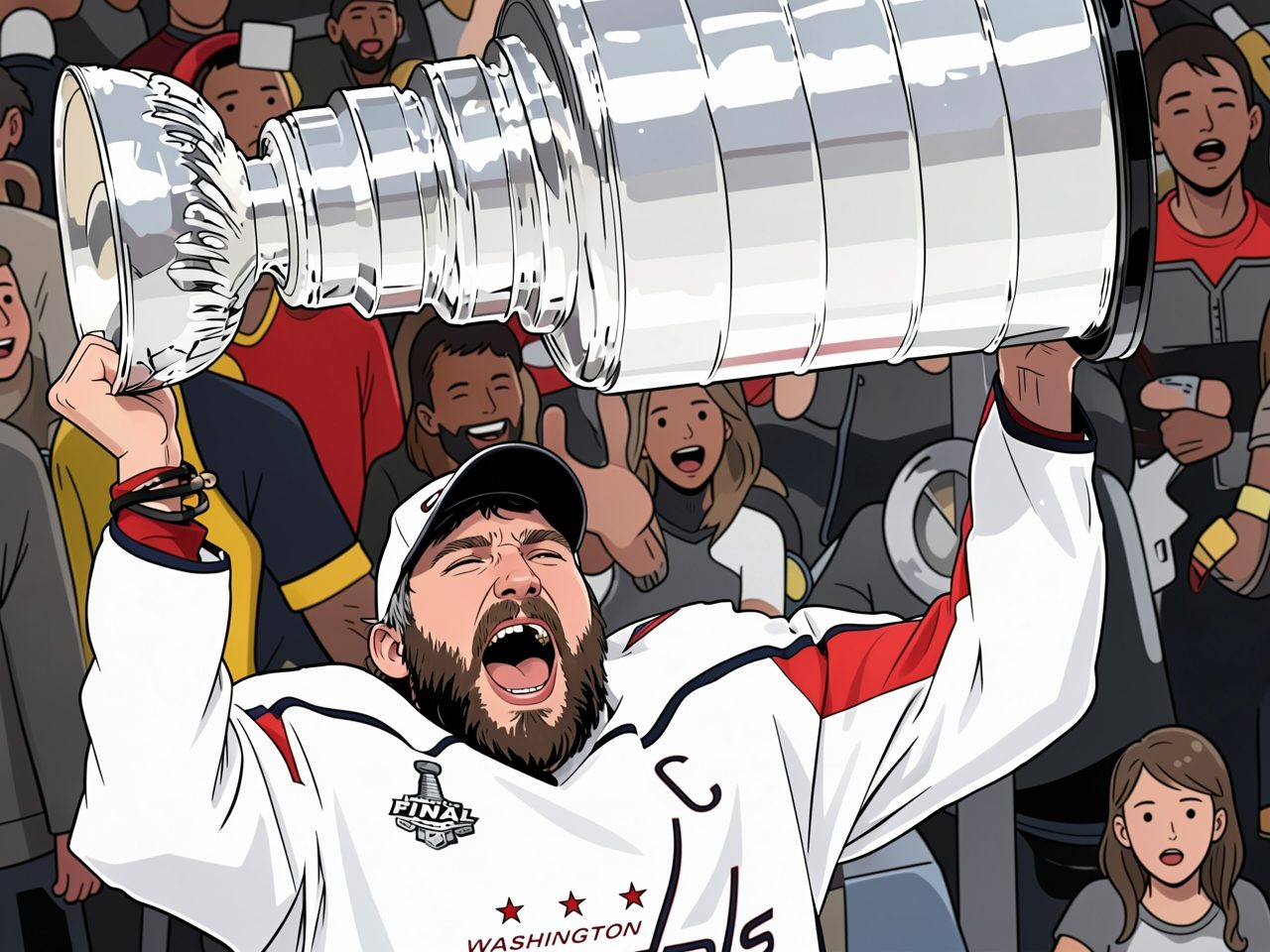 A hockey player in a white jersey lifts a large silver trophy above his head in celebration.