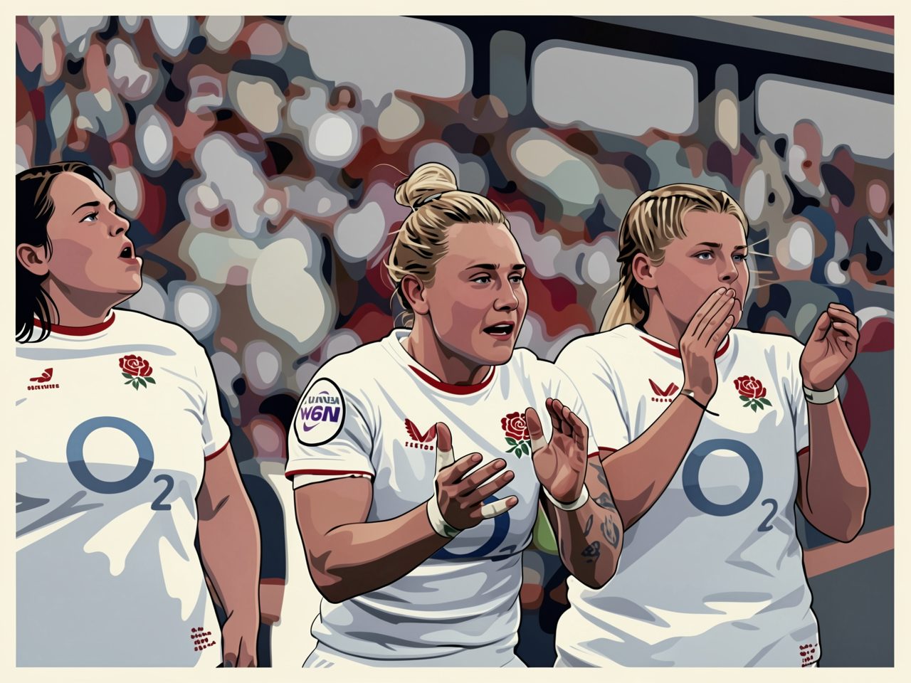 Three female rugby players in white kits react emotionally on the pitch.