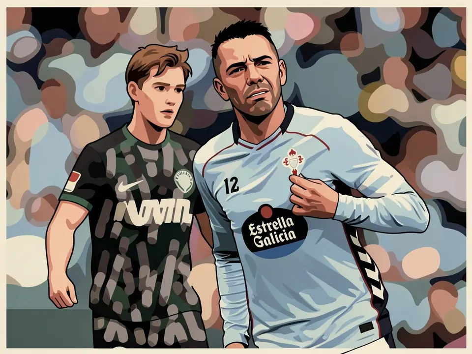 Celta-Vigo-Kapitän Iago Aspas in hellblauer Trikotnummer 12 mit Estrella-Galicia-Sponsor
