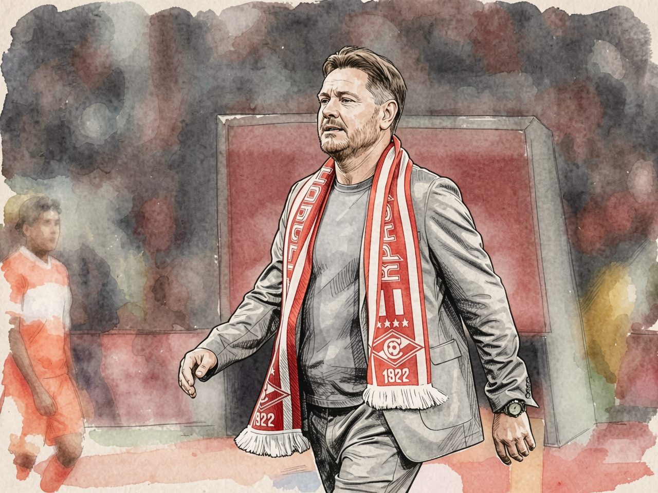 Dmitry Alenichev in einem grauen Anzug und rot-weißem Schal läuft über das Spielfeld