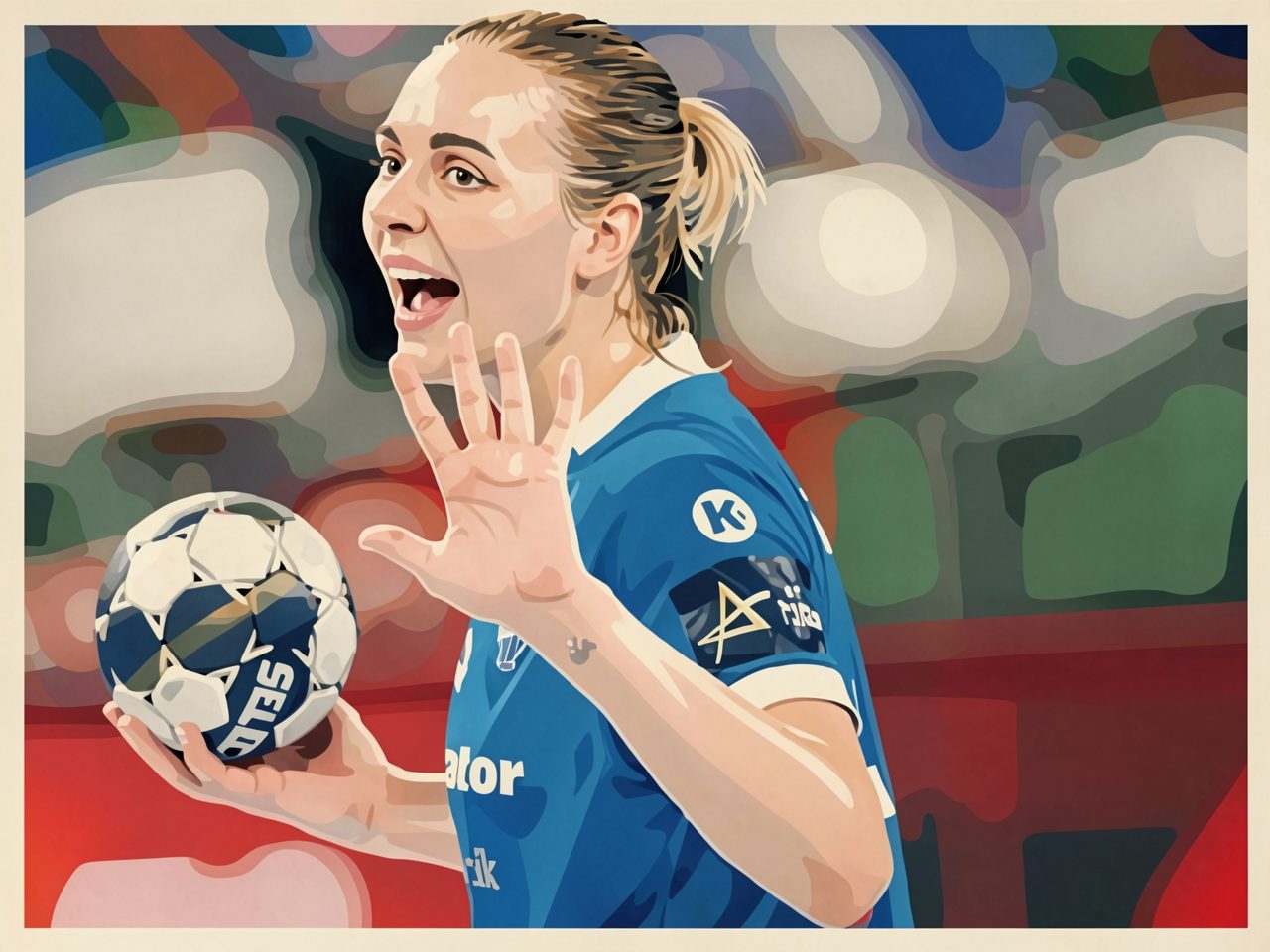 Eine Handballspielerin in blauem Trikot hält einen Ball und zeigt fünf Finger vor einem Stadionhintergrund