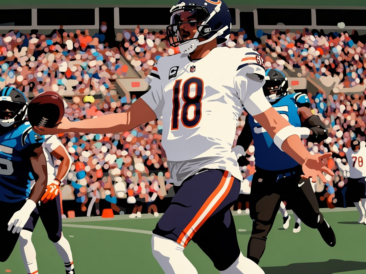 A quarterback in a white jersey with number 18 throws a pass while being pressured by defenders.
