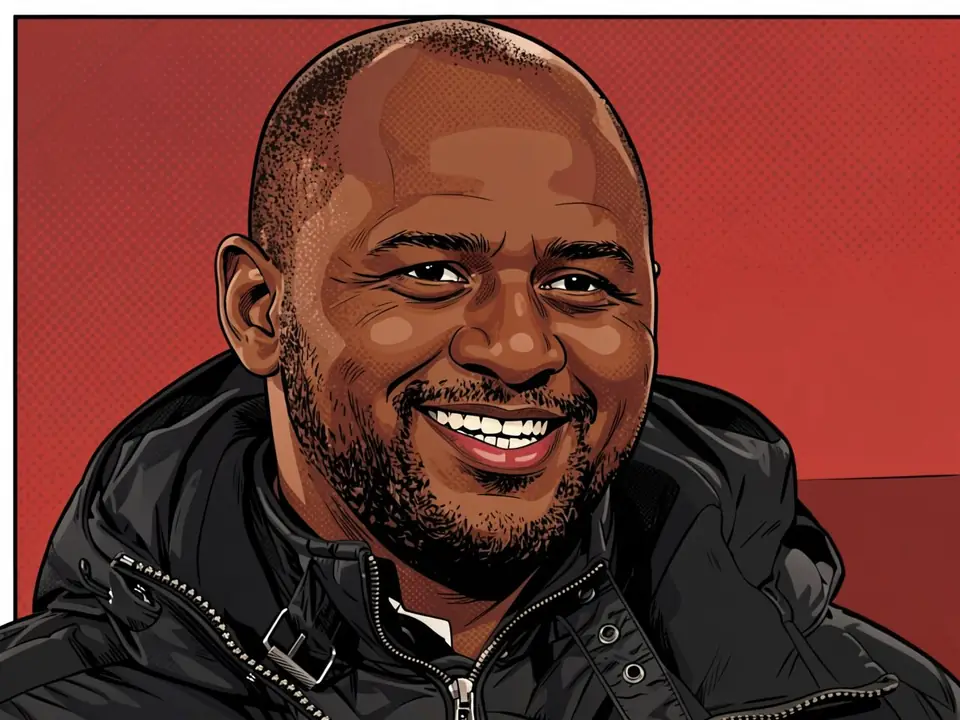Patrick Vieira in a black jacket smiles against a red background