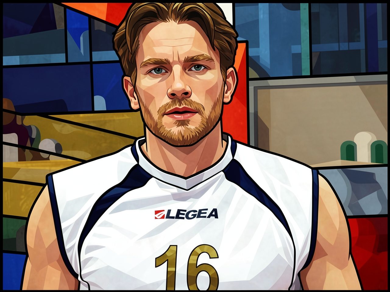 Russischer Volleyballspieler in weißer Trikots mit blauen Akzenten, Nummer 16, auf Stadionhintergrund