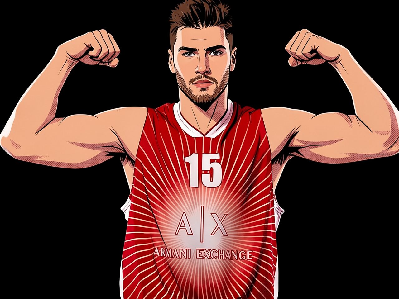 Portrait of a basketball player in a red jersey with number 15 flexing his biceps against a black background.