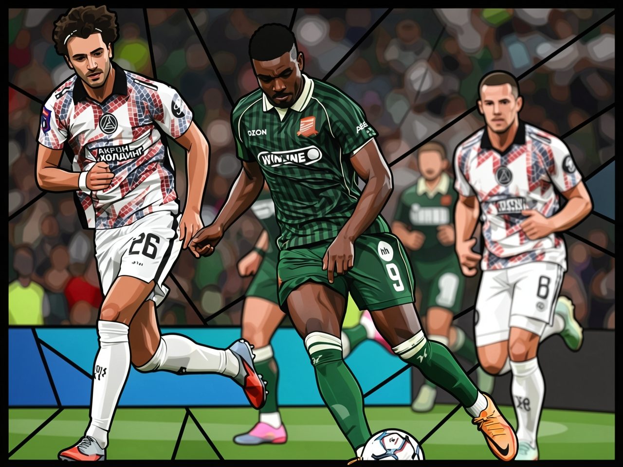 Ein Fussballspieler in Grün dribbelt den Ball unter Druck eines Gegners