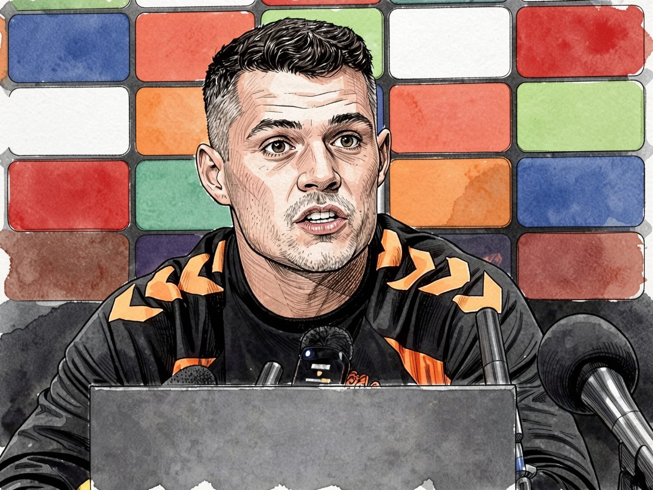 Ein Mann in einer schwarzen Jacke mit orangefarbenen Mustern spricht an einem Pult mit Mikrofonen vor einem Hintergrund mit Sponsorenlogos.