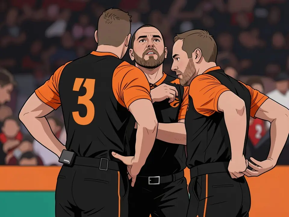 Three referees in black and orange kits discuss a call on the court. One wears number 3.