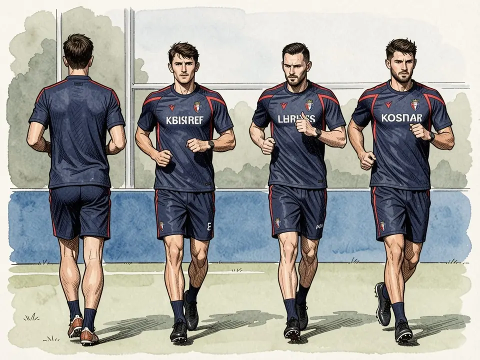 Four footballers in dark blue training kits with red stripes jogging on the pitch