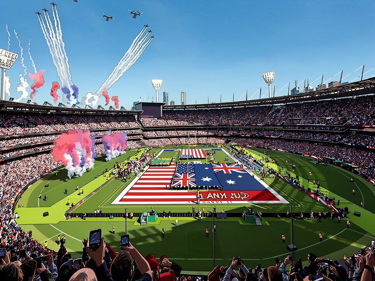 Panoramablick auf ein Stadion in Melbourne mit US- und australischen Flaggen auf dem Feld und Flugzeugen am Himmel.