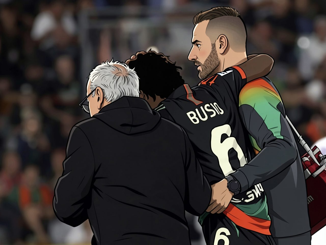 Ein Fussballspieler in schwarzem Trikot mit BUSIO auf dem Rücken wird von zwei Männern vom Platz getragen.