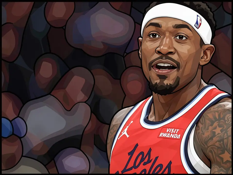 Bradley Beal in rotem Clippers-Trikot mit 'Los Angeles' und Jordan-Logo. Weißes NBA-Stirnband.