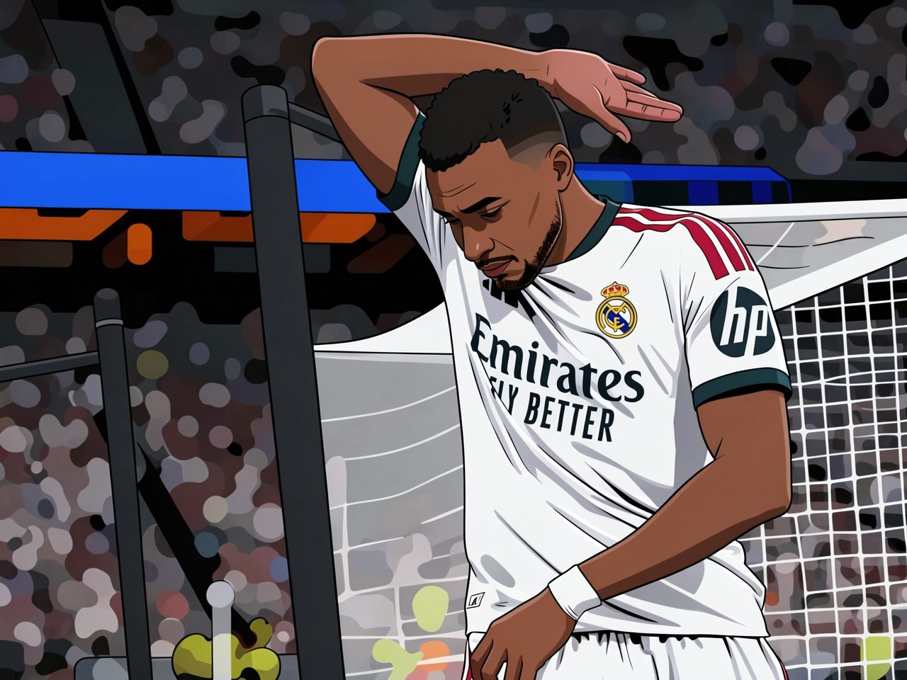 A football player in a white kit looks down with his hand on his head in a stadium