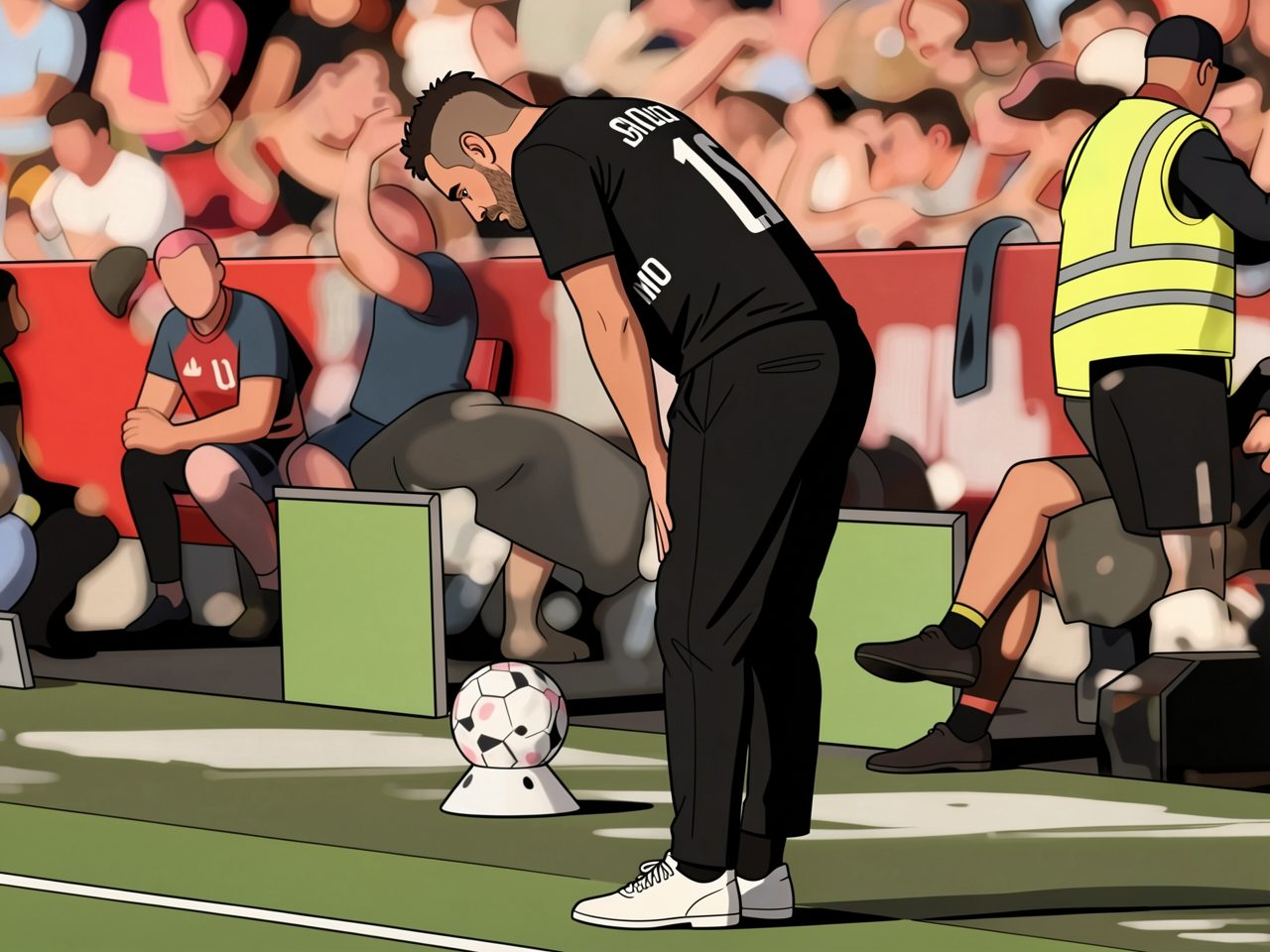 A man in black kit bends over on the pitch with a football on a stand nearby.