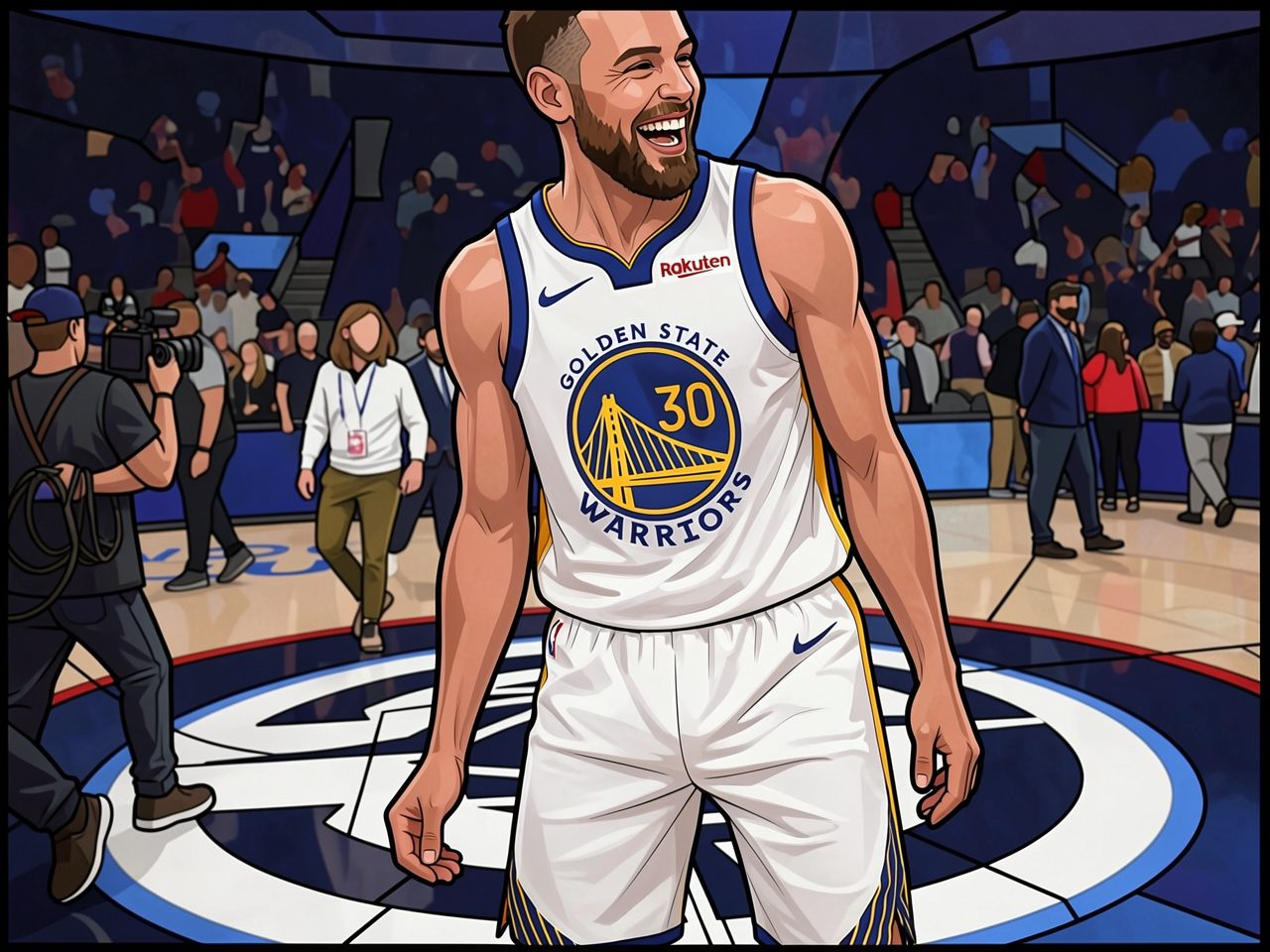 Ein lächelnder Basketballspieler in einem weißen Trikot mit der Nummer 30 steht auf dem Platz.