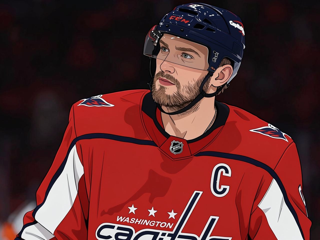 Hockeyspieler in rotem Trikot und blauem Helm schaut zur Seite.