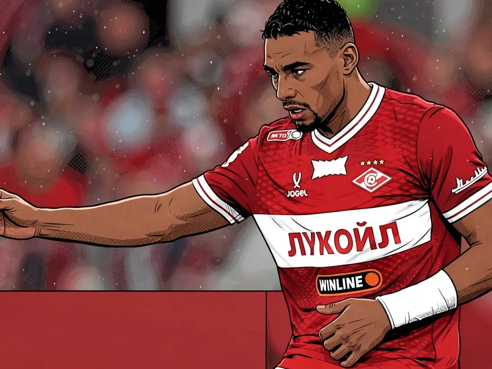 Alexander Djiku in Spartaks rotem Trikot mit LUKOIL-Sponsorenlogo