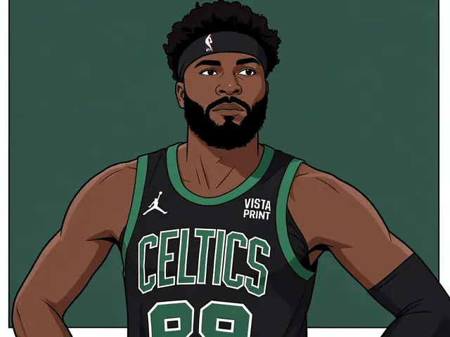 Баскетболист в чёрной форме с надписью CELTICS стоит с руками на поясе.