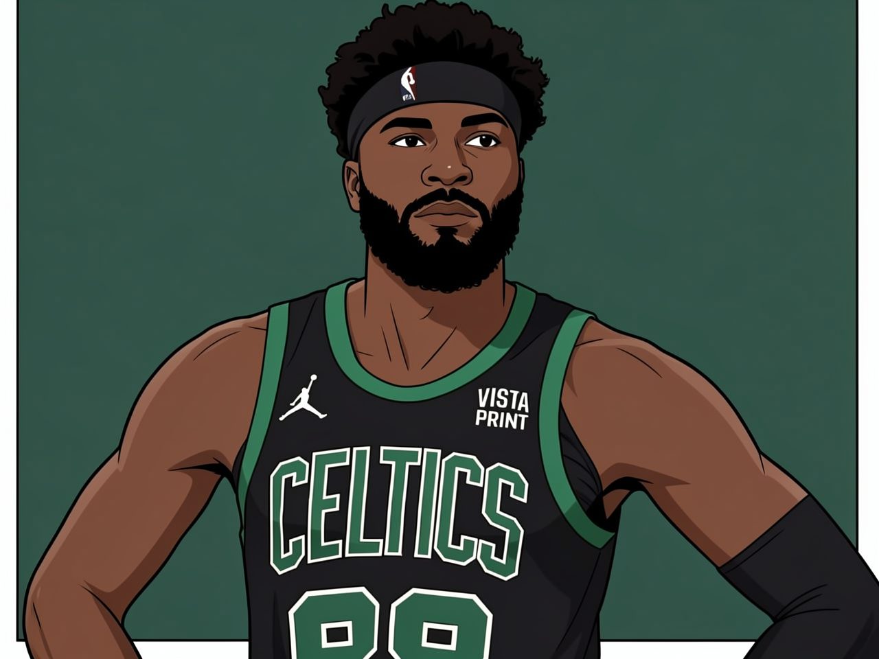 A basketball player in a black Celtics jersey stands with hands on hips.