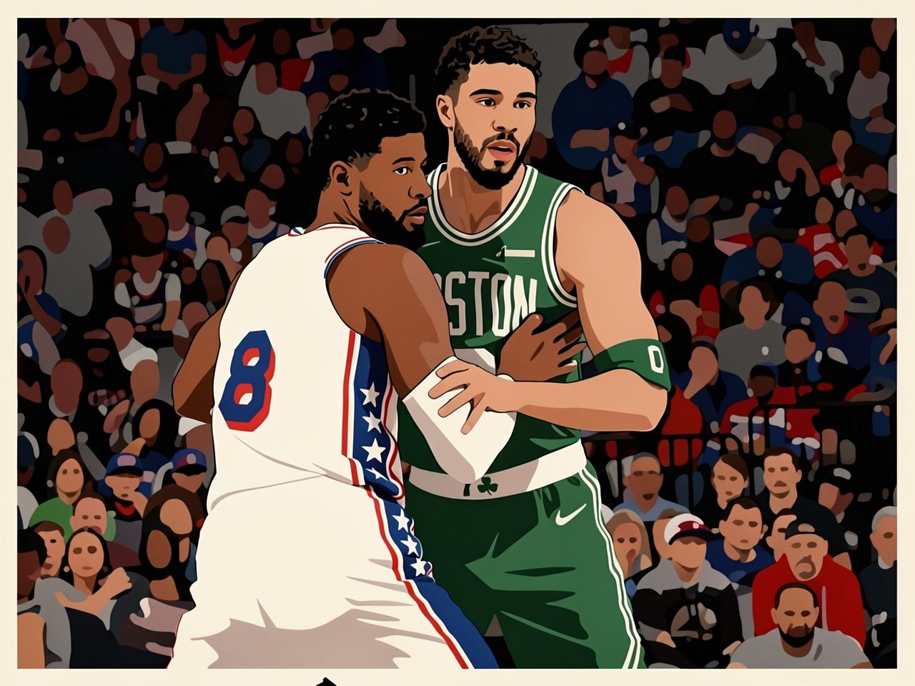 Two basketball players battle for position on the court in front of spectators.
