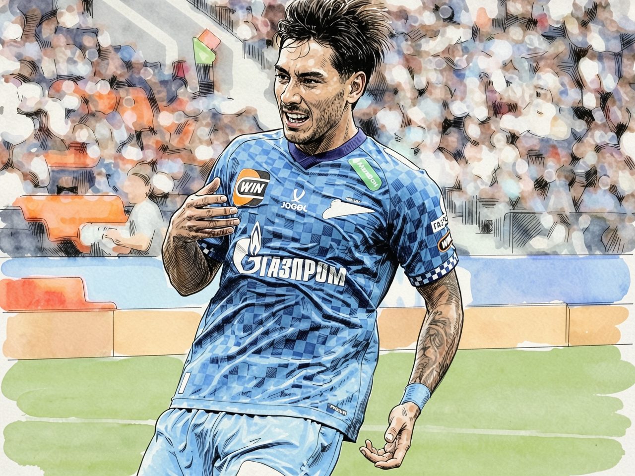 Ein Fußballspieler in blauer Trikots läuft auf dem Platz vor einem Stadionhintergrund