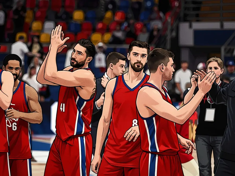 CSKA players in red jerseys with blue stripes on the court. Number 41 waves, number 8 stands nearby. Spectators in the stands.